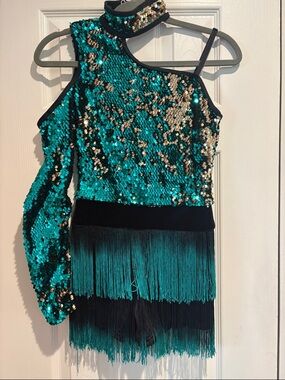Weissman Teal, Black and Gold Sequin Fringe Dance Costume Size SA (4-6)